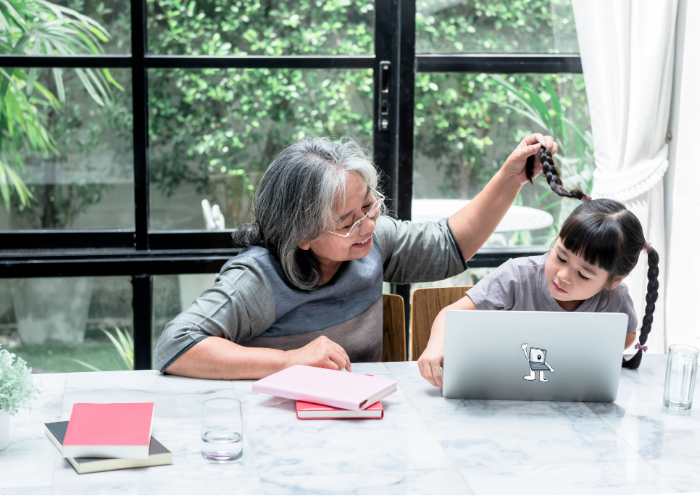 Woman with a child who is studying